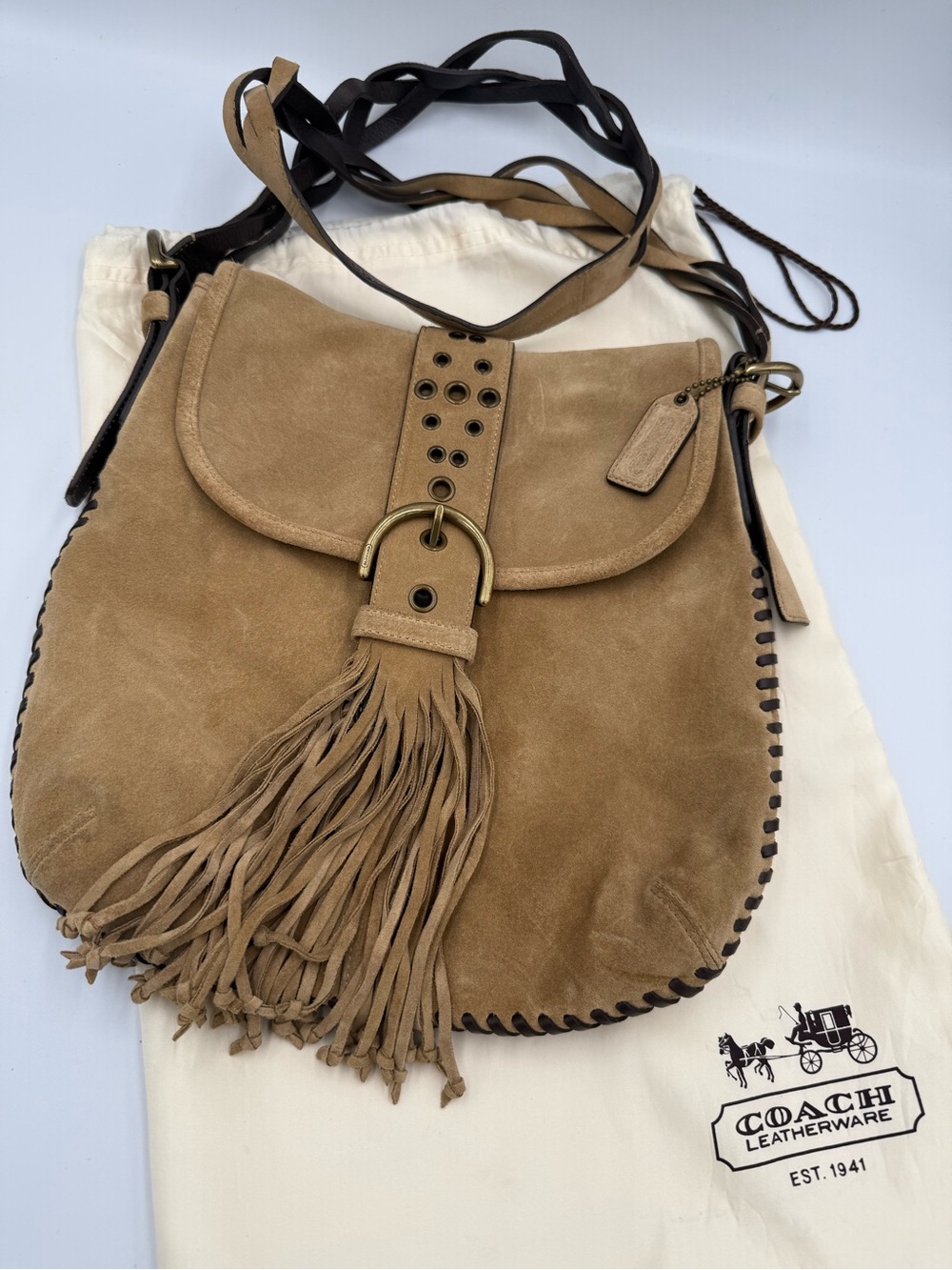 Auth Coach 9484 Soho Suede Fringe Buckle Crossbody Shoulder Bag Beige Vintage